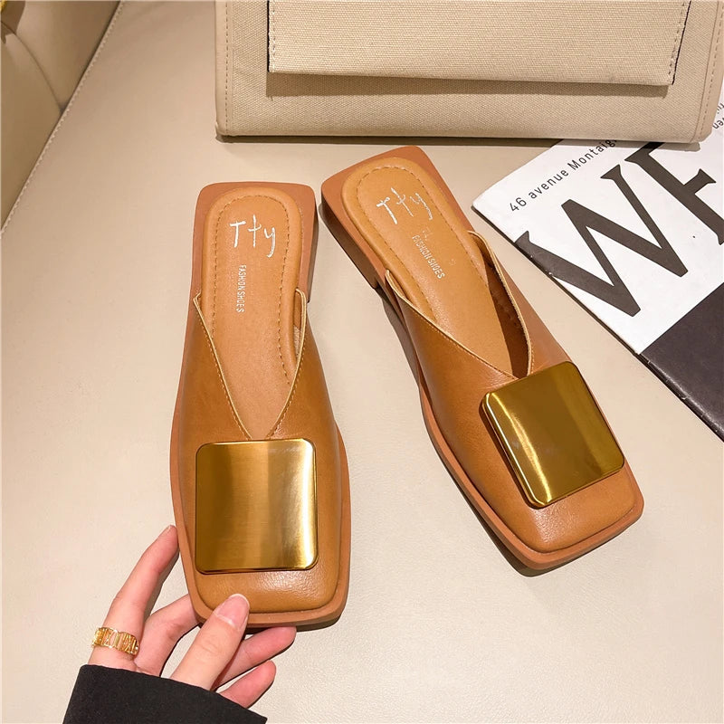 Brand Designer Women Slippers Fashion Metal Buckle Mules Flat Heels Square Toe Shallow Shoes Outdoor Slide Female Casual Sandal