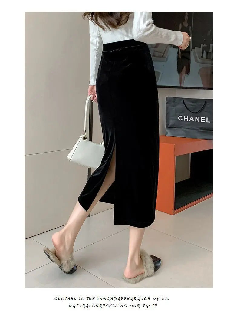 Elegant Velvet Black Long Skirts Women Autumn Winter High Waist Faldas Korean Fahion Clothing Office Ladies Bodycon Midi Skirt - reetell