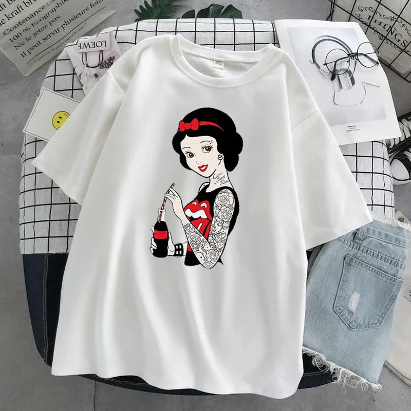 Princess Print Alice in Wonderland Women T Shirt Tops Black Alice Snow White Casual Short Sleeve T-shirt Femme Top Y2K - reetell