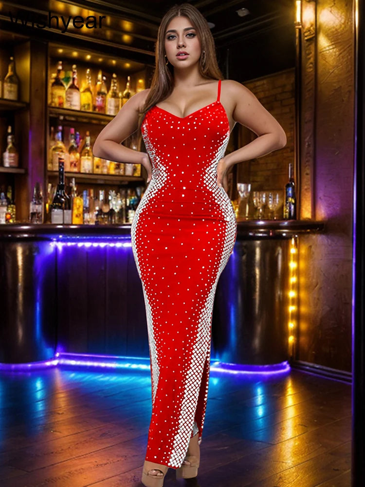 Wishyear Women Sexy Crystal Rhinestones Wedding Guest Party Evening Dresses Elegant Strap High Split Nightclub Birthday Clothing - reetell