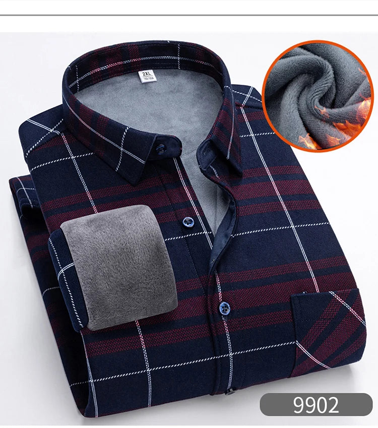 Autumn Winter Thicken Fleece Shirt Men Business Plaid Shirt Long Sleeve Warm Clothes Turn Down Collar Button Up Shirts Classic - reetell