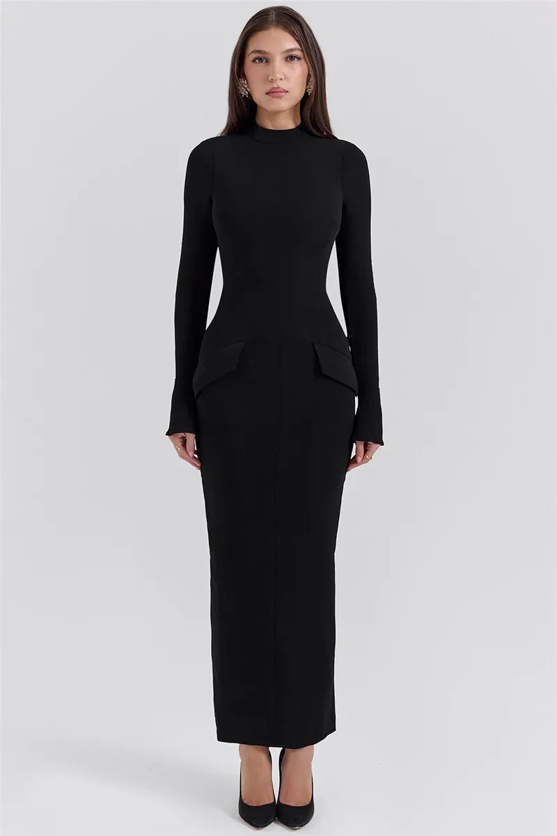 Mozision Black Long Sleeve Sexy Maxi Dress For Women Autumn Winter New O Neck Two Pocket Back Split Bodycon Long Dress Elegant - reetell