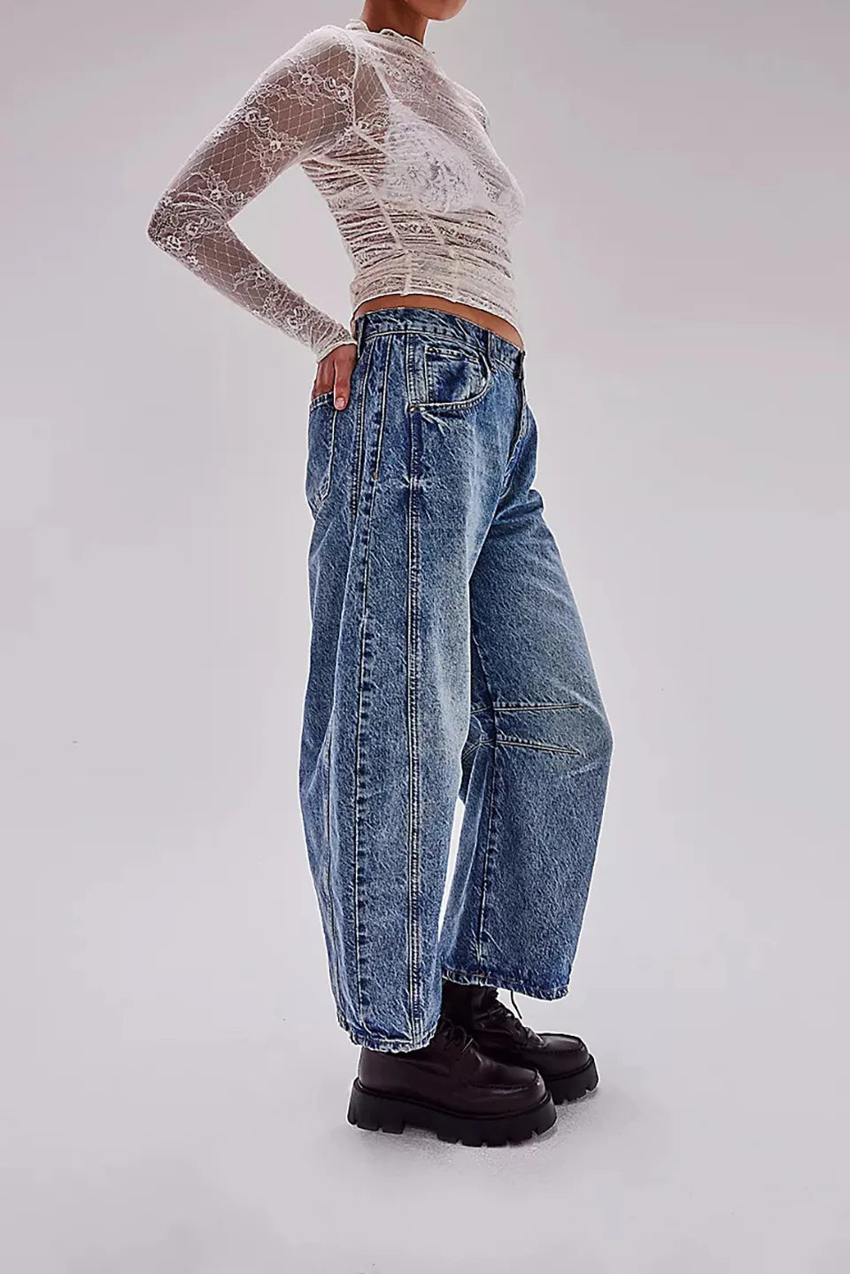 Midiross High Stretch Mid-Rise Barrel Jeans Fashion wide Leg Shape Women Casual Baggy Mid Waist Denim Jeans - reetell