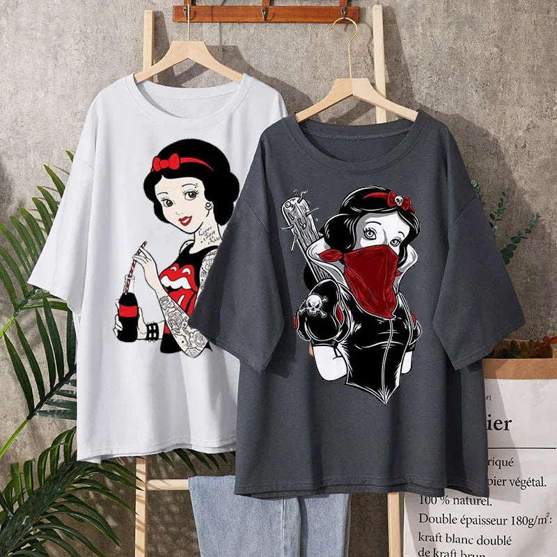 Princess Print Alice in Wonderland Women T Shirt Tops Black Alice Snow White Casual Short Sleeve T-shirt Femme Top Y2K - reetell