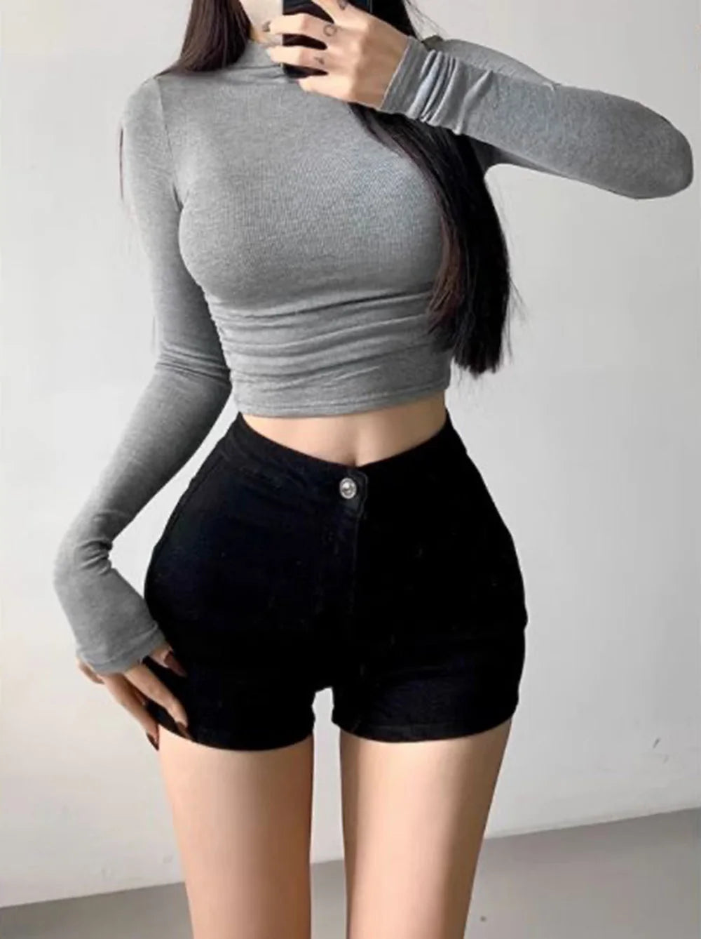 Womens Long Sleeve Turtleneck T Shirts Ribbed Tight Knit Sexy Slim Fitted Casual Women's Basic Crop Tops Cropped T-Shirt - reetell