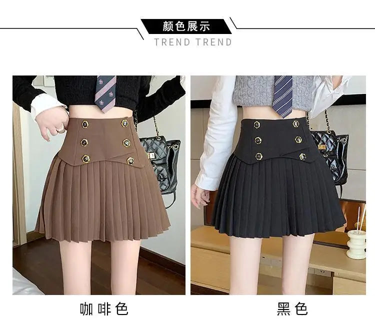 Pleated Skirt New Spring Autumn All-match Buttons Solid Color High Waist A-line Skirt Femme Preppy Style Pleated Trend Skirts - reetell