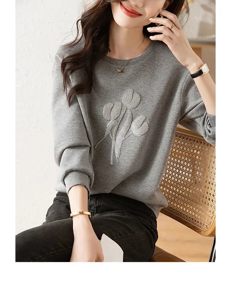 Women's Stereoscopic Flowers Hooded Sweatshirt Casual Round Neck Top Gray Clothes Simple Fashion Autumn - reetell