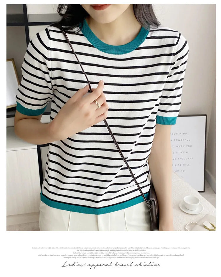 Short Sleeve T-shirts Women Striped Basic Chic Simple All-match Harajuku Retro Cotton O-neck Trendy Loose Leisure Cozy Womens - reetell