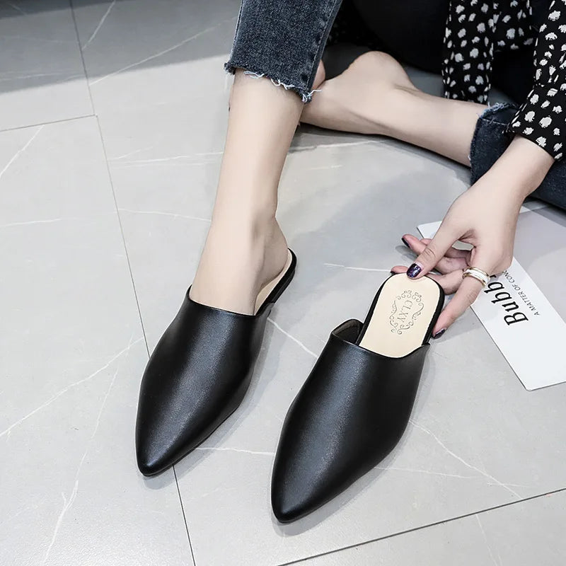 Women Spring Summer Slippers Mules Soft Leather Pointed Toe Slip On Sandalias Soild Mature Fashion Casual Low-heeled Shoes Mujer