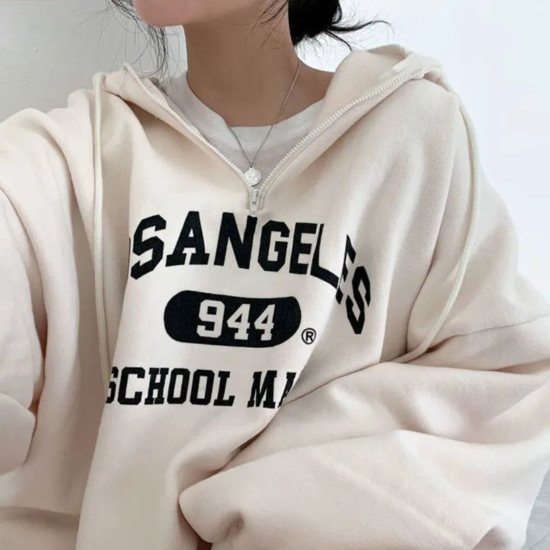 Fashion Letter Print Sweatshirts Women Autumn Winter Loose Preppy Thick Warm Hoodies Harajuku Casual Zipper Hooded Pullovers - reetell