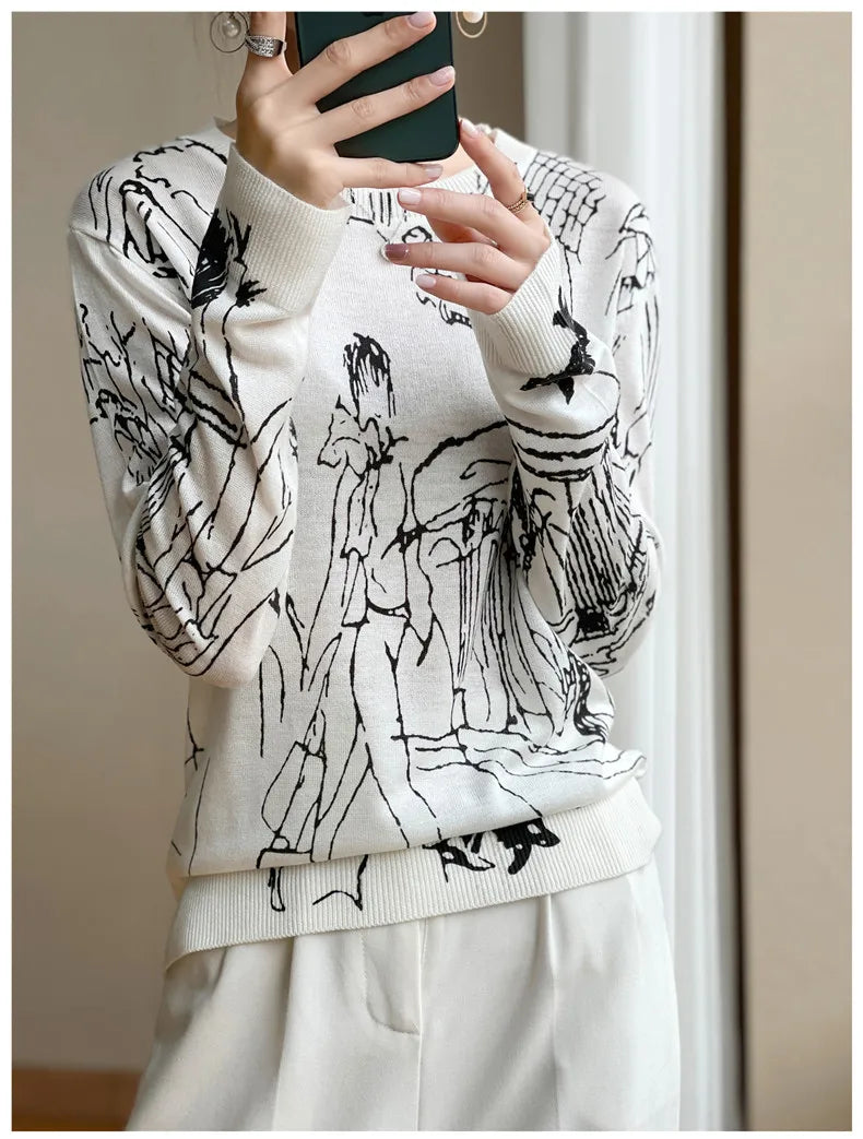 Spring And Autumn New Wool Knitted Cardigan Female Graffiti Print Loose Pullover Long Sleeve Round Neck Thin Sweater Coat XZ TY - reetell