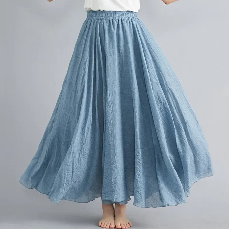 Solid Cotton Linen Women Skirts Maxi Ethnic Style Beach Saia Ropa Mujer Casual Harajuku Boho Long Skirt Woman Clothing Faldas - reetell