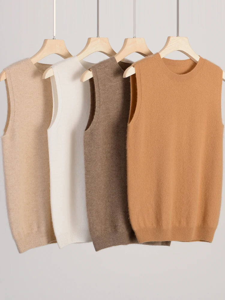 Womens Sleeveless O-neck Basic Pullover Sweater 2024 Spring Summer 100% Merino Wool Casual Solid Waistcoat Female Knitwear Tops - reetell