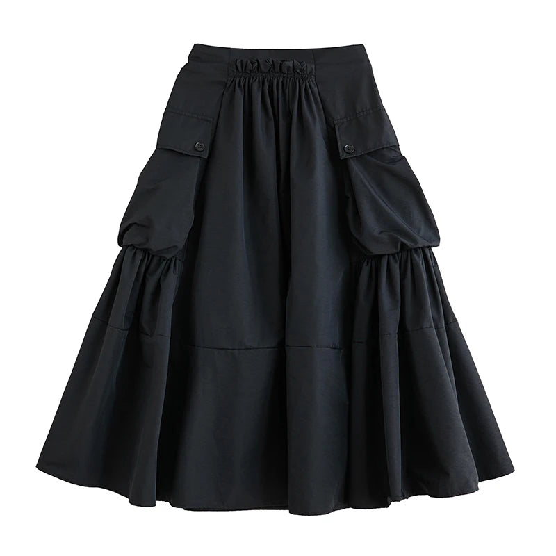 Oversized Spring Autumn Cargo Midi Skirt Women Elastic High Waist Fashion Ruffle Pleated Ladies Skirts Loose Casual Woman Skirt - reetell