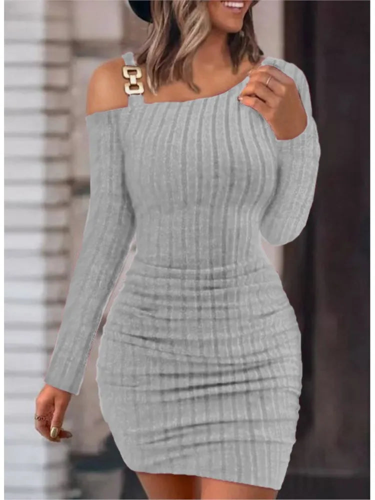 Sexy Chain Off Shoulder Mini Dress Women Autumn Fashion Bodycon Long Sleeve Dresses For Women Winter Skinny Knitted Vestidaos - reetell