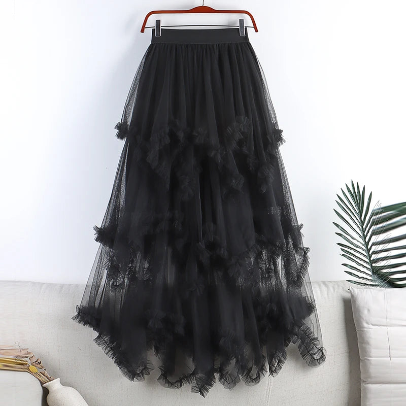 TIGENA Tutu Tulle Long Skirt for Women 2023 New Summer Korean Aesthetic Cute Irregular Mesh High Waist Maxi Skirt Female Purple - reetell