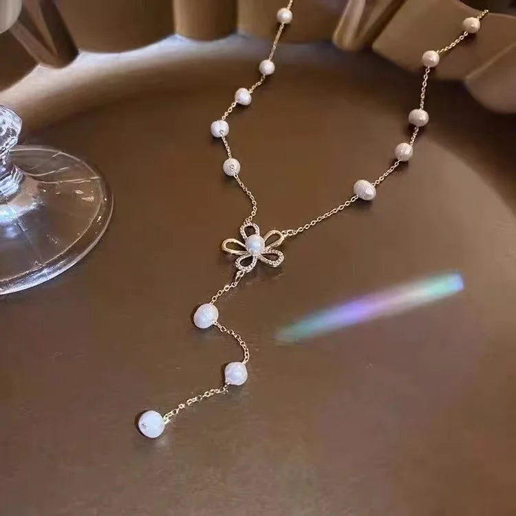 Imitation Pearl Beads Five-leaf Flower Pendant Double Layer Necklace for Women Fashion Daily Accessory Jewelry Birthday Gifts