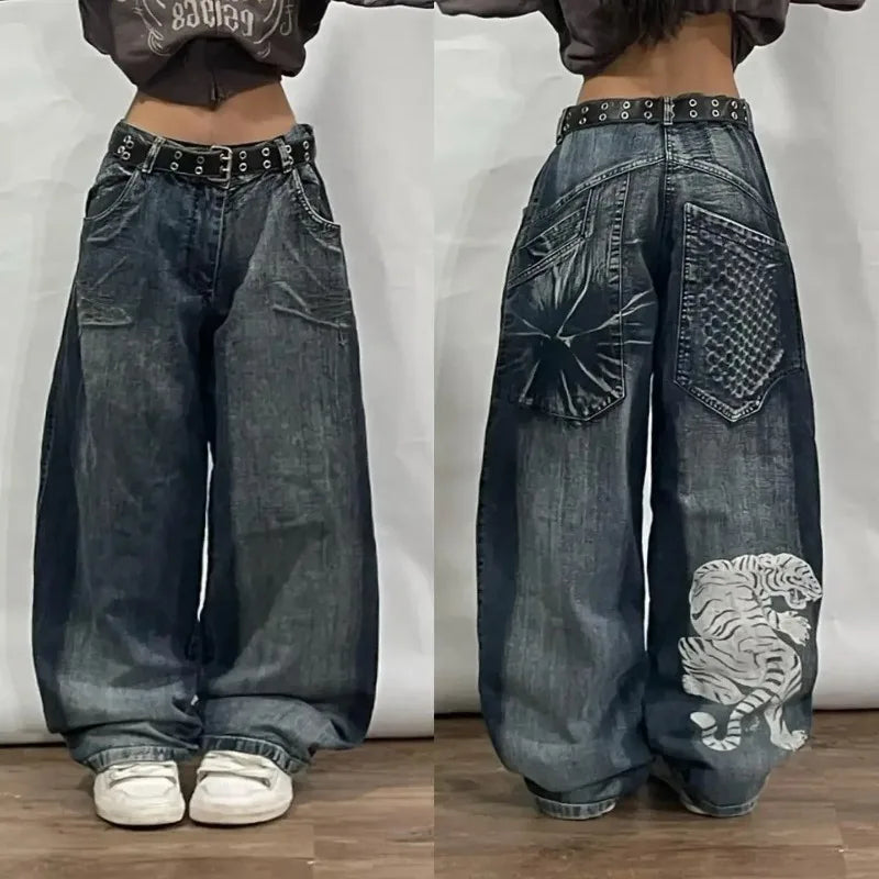 Harajuku Fashion Heavy Industry Blue Washed Multi-pocket Baggy Jean Women Y2K Street Popular Gothic High Waist Wide-leg Trousers - reetell