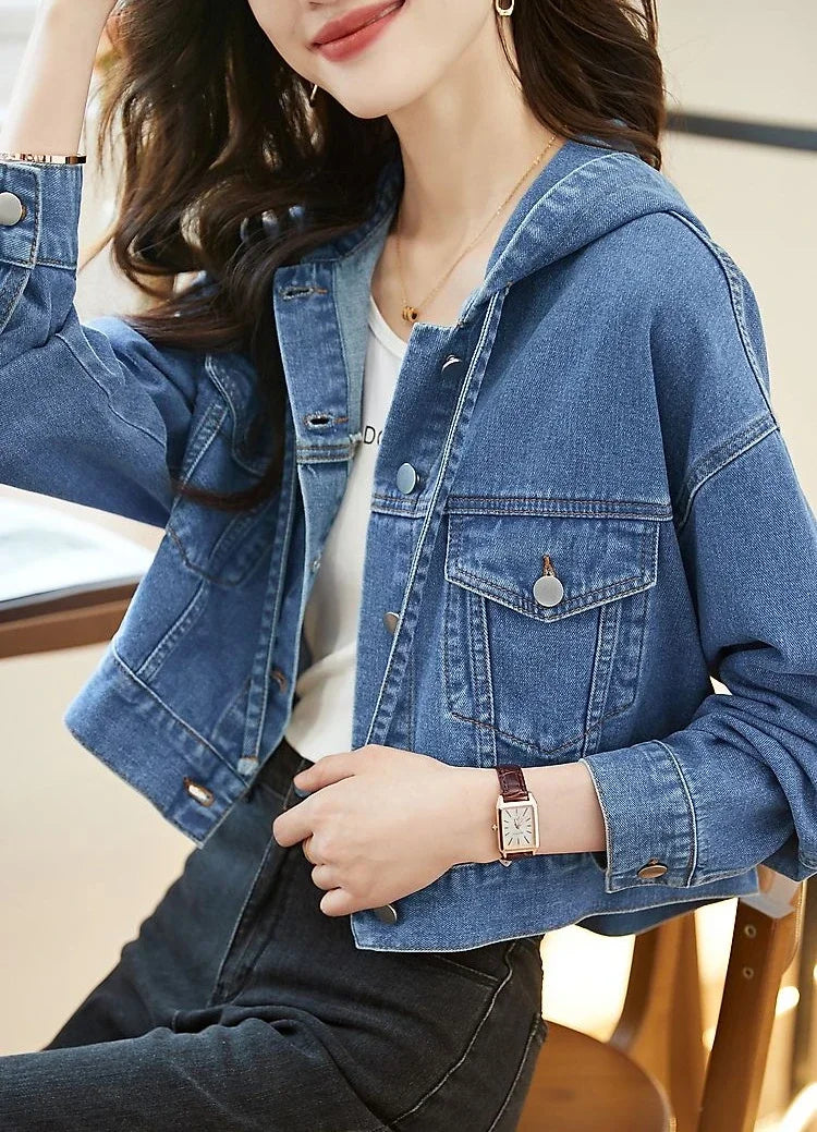 Crop Hooded Small Women's Denim Jackets Outerwears Female Jeans Coat Spring Autumn Plain Blue Short On Offer With Elegant Classy