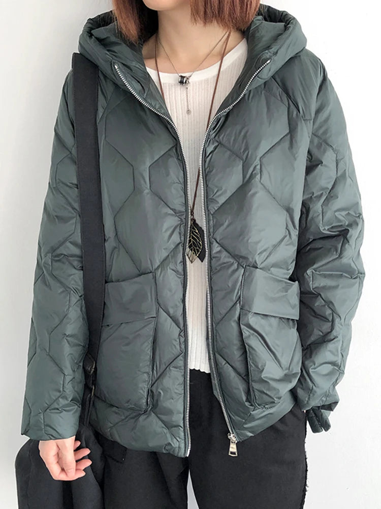 Fitaylor Winter Women White Duck Down Coat Casual Loose Solid Light Down Outwear Female Hooded Zipper Puffer Parka Jacket