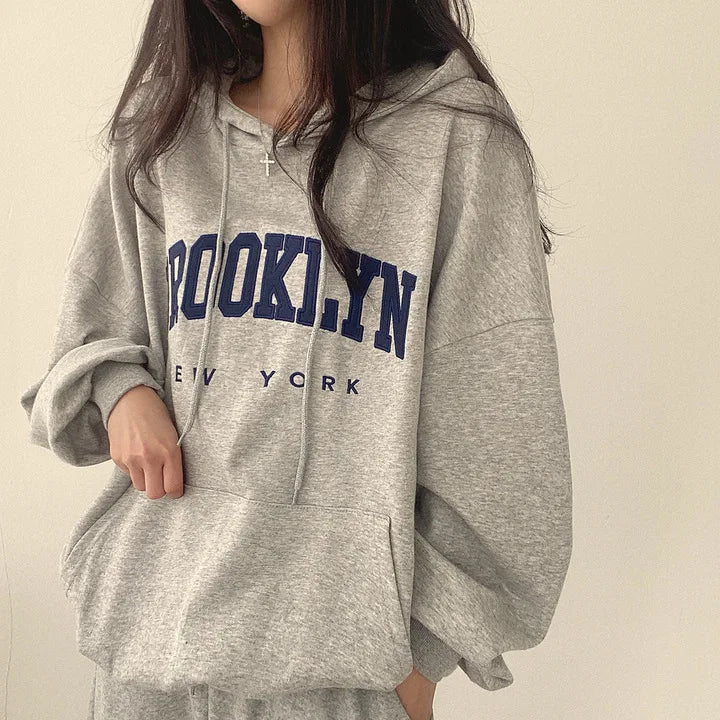 BROOKLYN Letter Print Hoodies Women Retro Chic Long Sleeve Loose Pullovers 2024 Harajuku Casual Hooded Sweatshirt Y2K Streetwear - reetell