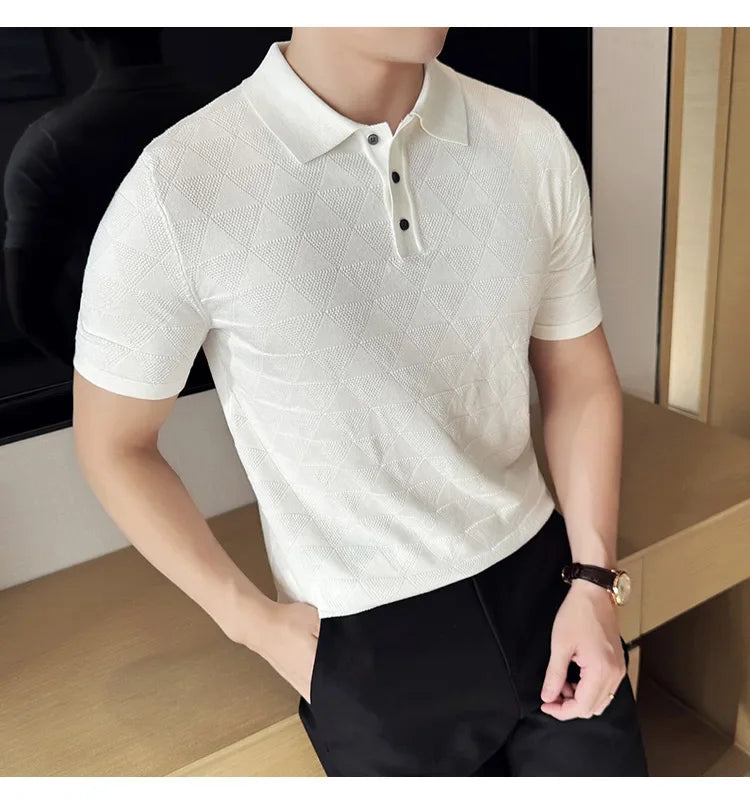 High-quality Men's Jacquard Polo Shirt, Business Casual Men's Solid Color Short-sleeved Top,  Geometric Pattern Men's T-shirt.