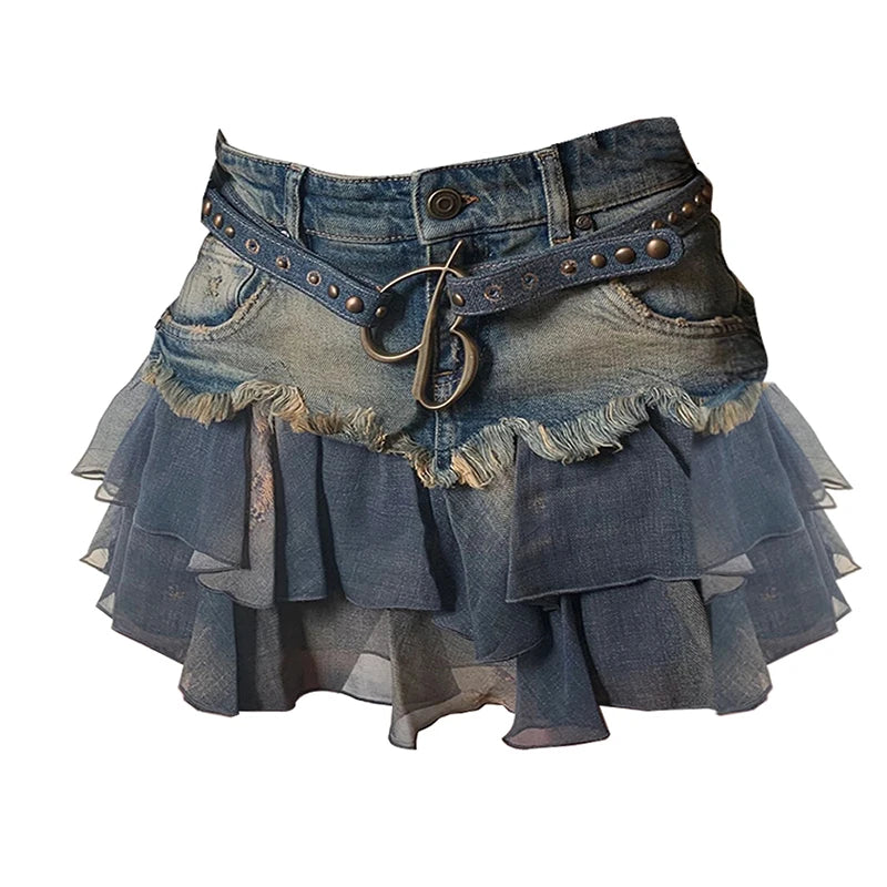 Summer Women Korean Fashion Gauze Patchwork Mini Denim Skirt Cutecore Gyaru Coquette 2000s Coquette Y2k Streetwear Grunge Design - reetell