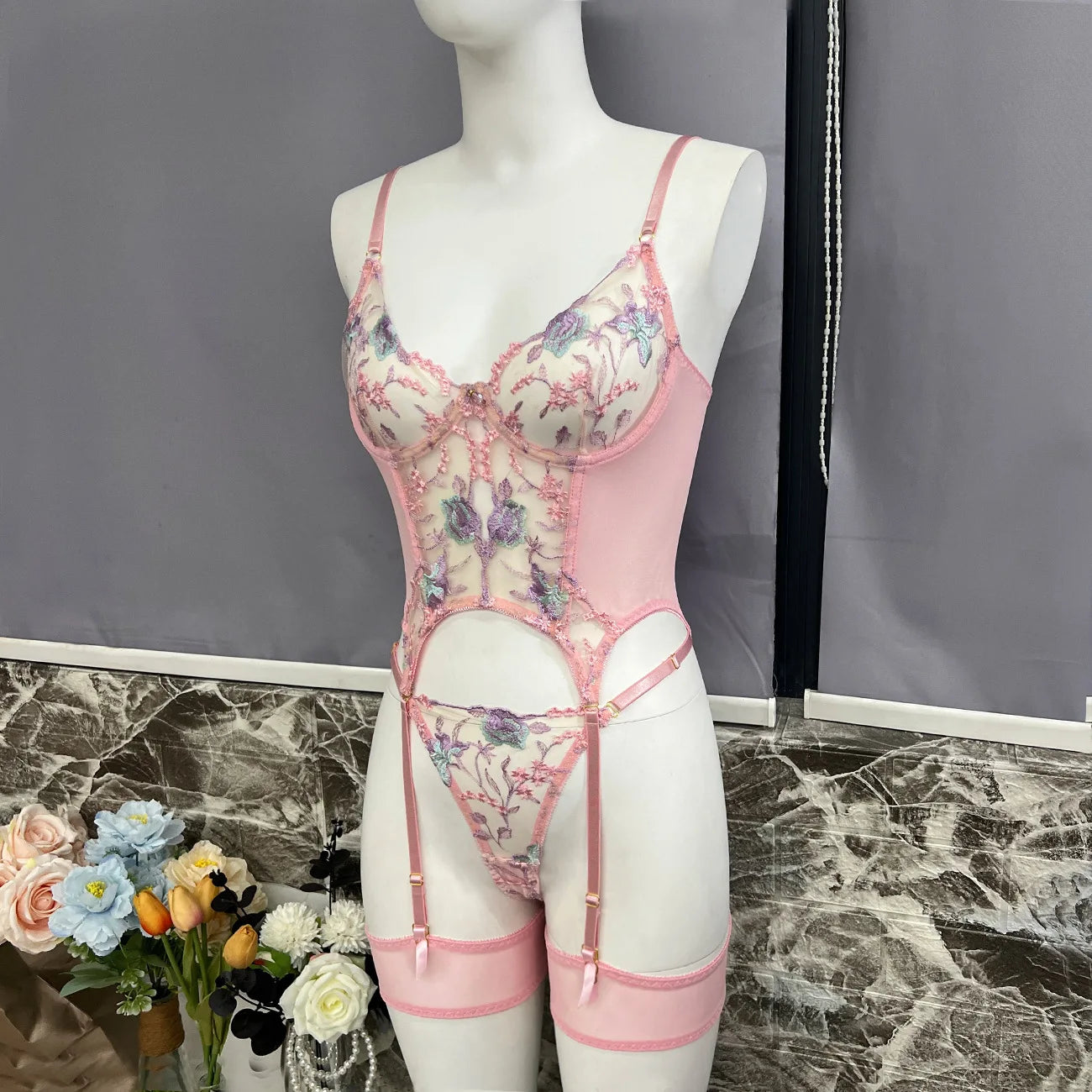 Embroidery Sexy Lingerie 2024 New European And American Transparent Underwear Mesh Embroidery Perspective Bra Set - reetell