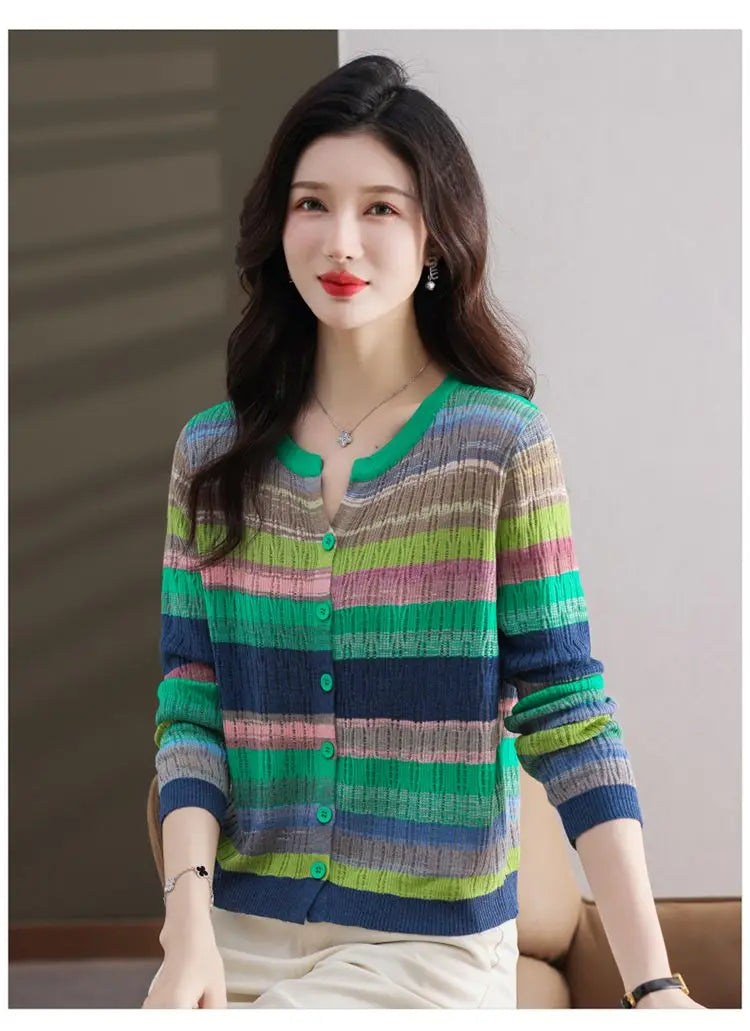 Fashion Women Clothing Colorful Striped Cardigan Sweater Spring Autumn New Korean Versatile Casual Long Sleeve Knitted Coats - reetell