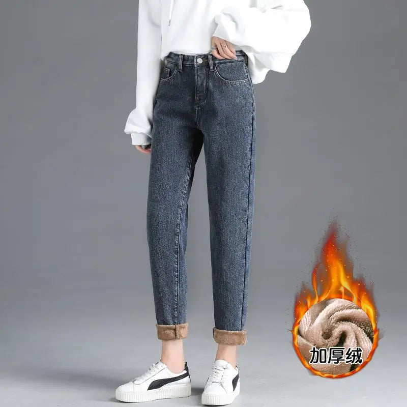 Winter Warm Fleece Jeans Women's High Waist Thick Harlan Straight Denim Pants Plus Size Loose Trousers Lady High Waisted Jeans - reetell