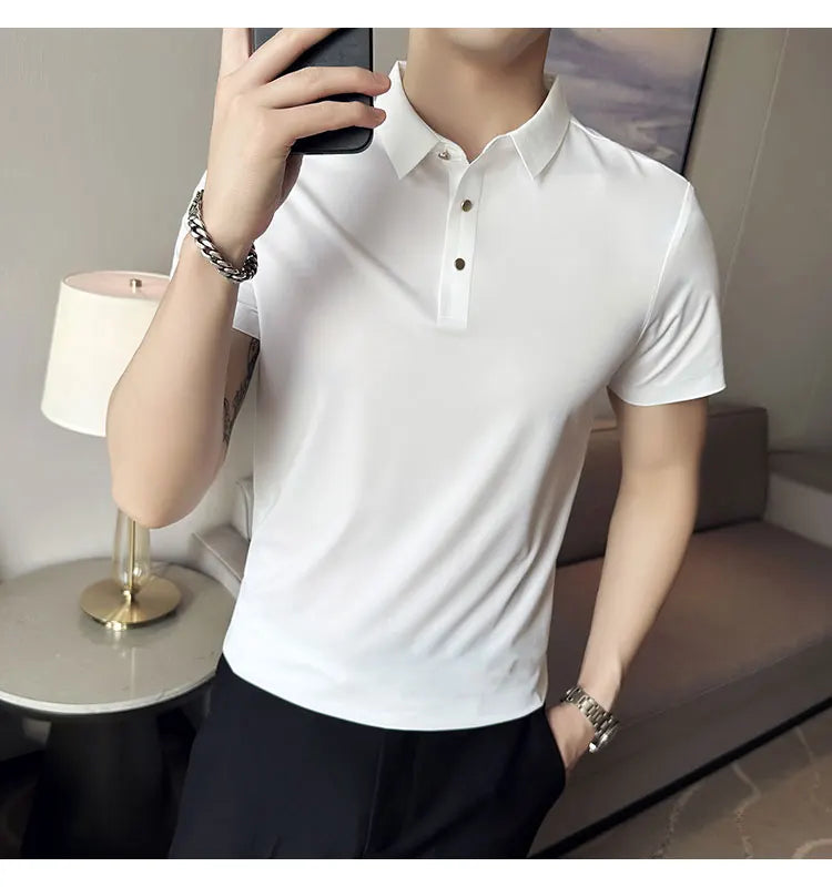 Ice Silk Traceless T-shirt Men's  Business Casual Solid Color Half Sleeve High Elasticity Top Silk Smooth Breathable POLO Shirt