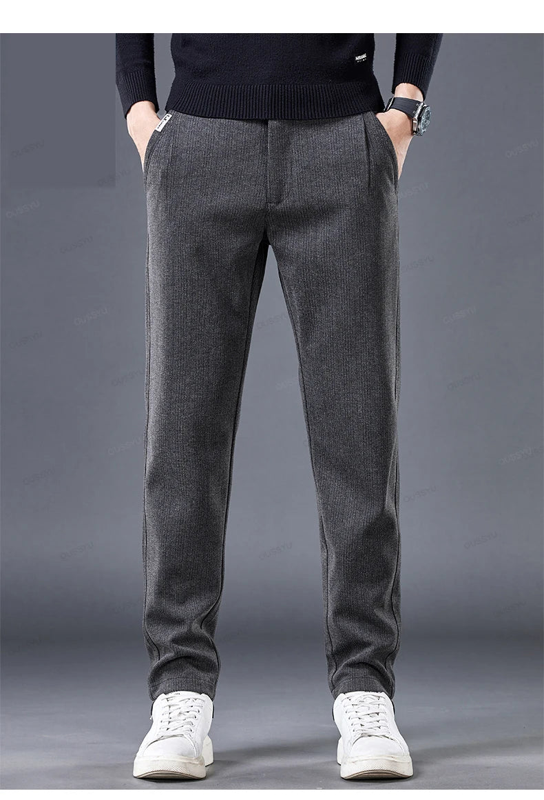 High Quality Autumn Winter Stripe Men's Suit Pants Elastic Waist Business Grey Stretch Thick Korea Office Formal Trousers Male - reetell