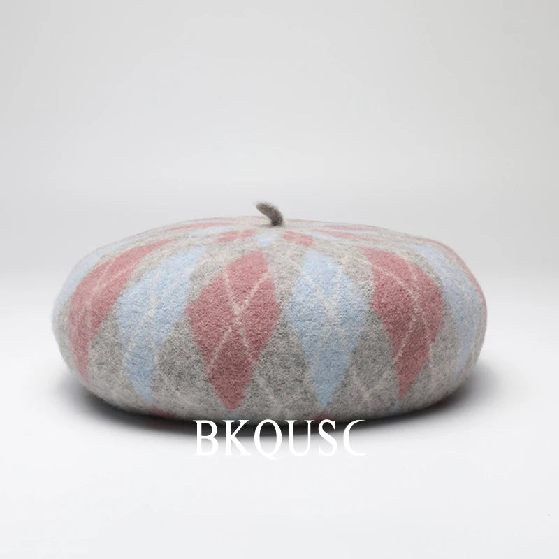 Beret Women Wool Classic Prismatic Check Cashmere Berets French Elegant Pure Wool Vintage Beret Woman Luxury Hats Winter Caps