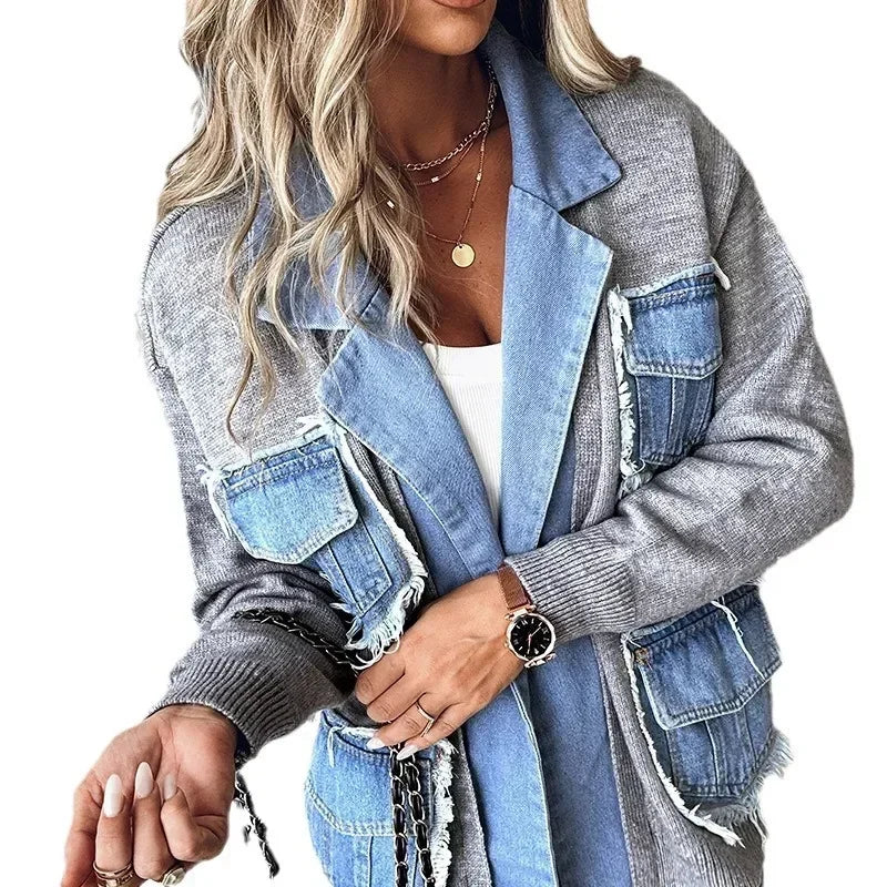 Raw Hem Cardigan Women Sweaters Patchwork Notched Collar Knitted Denim Jackets Jumpers Pockets Thick Coats Autumn Winter Outwear - reetell