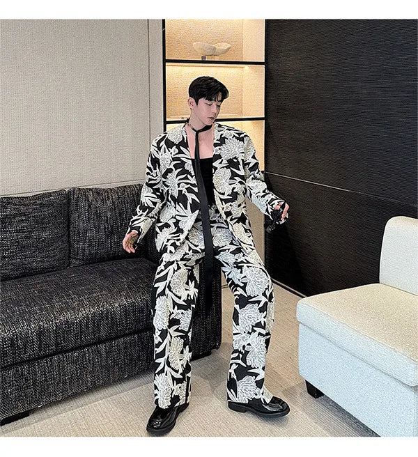 IEFB Niche Design Men's Two-piece Collarless Embroidery Blazer Loose Straight Suit Pants Contrast Color Male Sets New 9C7485 - reetell