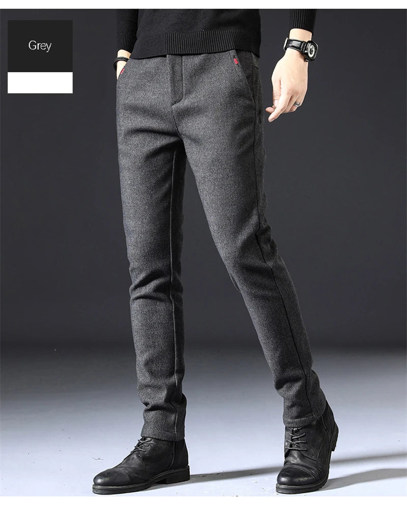 2023 New Autumn Winter Classic Work Stretch Pants Men Cotton Business Slim Fit Grey Black Korea Thick Casual Cargo Trousers Male - reetell