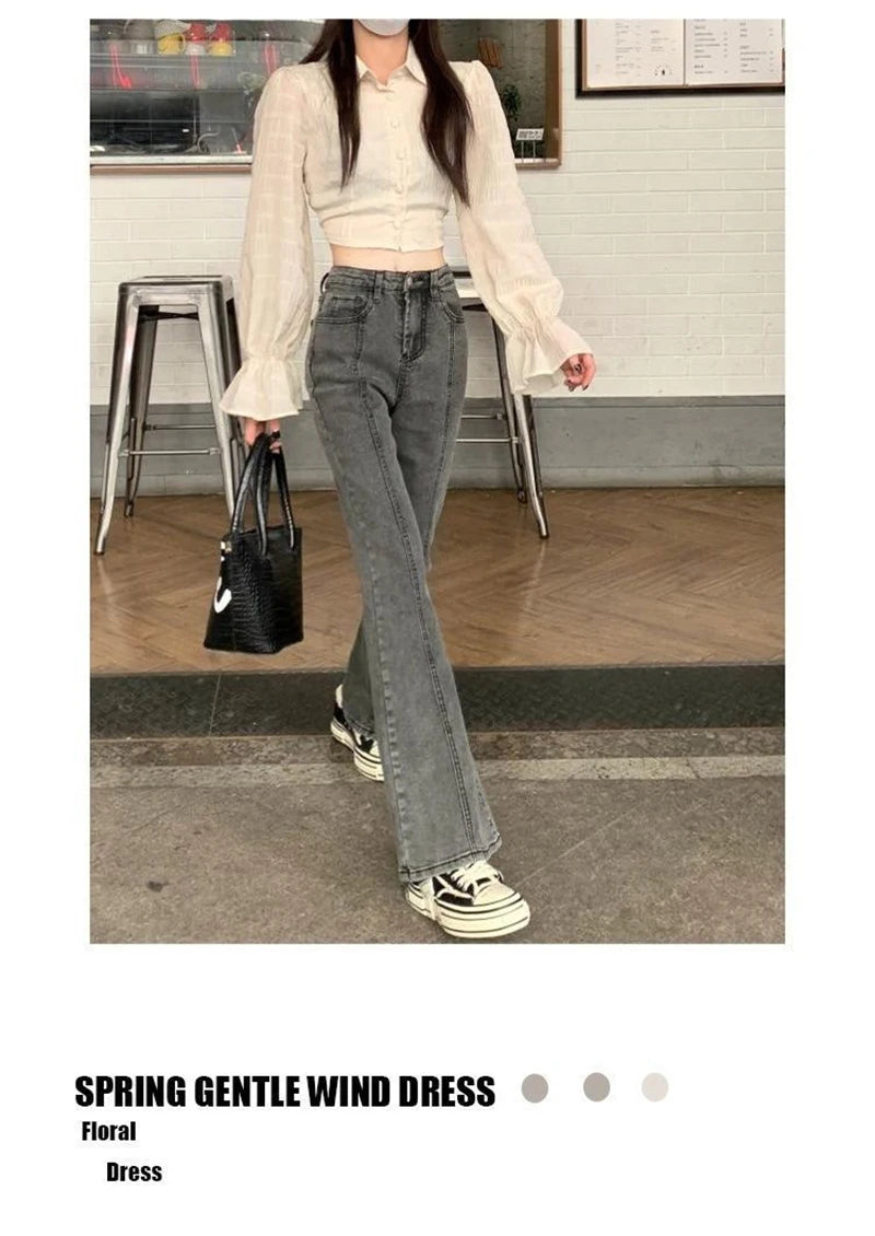 Vintage High Waist Flare Jeans High Street Women Boot Cut Denim Pant Slim Loose Korean Casual Button Up Zippers Gray Trousers - reetell