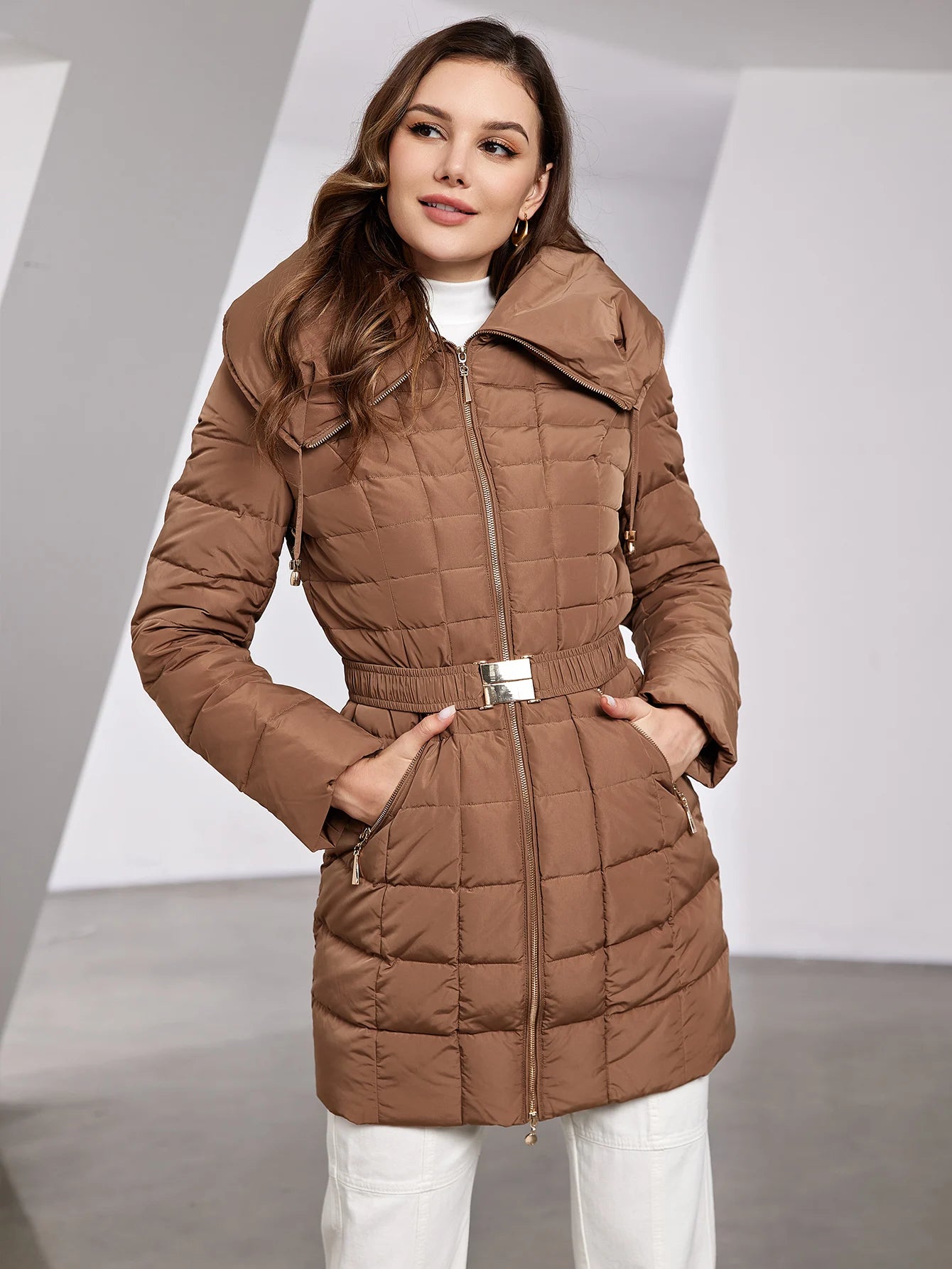 Astrid 2023 New Women's Winter Jacket Hooded Belt Long Parkas Warm Padding Puffer Plaid Quilted Coat Down Jacket Thick Snow Wear