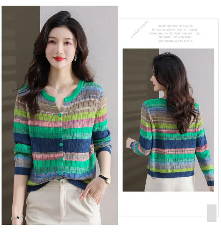 Fashion Women Clothing Colorful Striped Cardigan Sweater Spring Autumn New Korean Versatile Casual Long Sleeve Knitted Coats - reetell