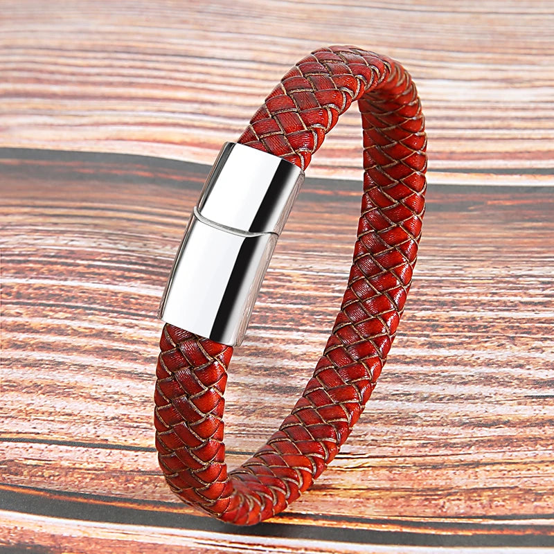 Mibrow Vintage Braided Genuine Leather Bracelet for Men Women Stainless Steel Magnetic Clasps Bracelets Punk Charm Men Jewelry