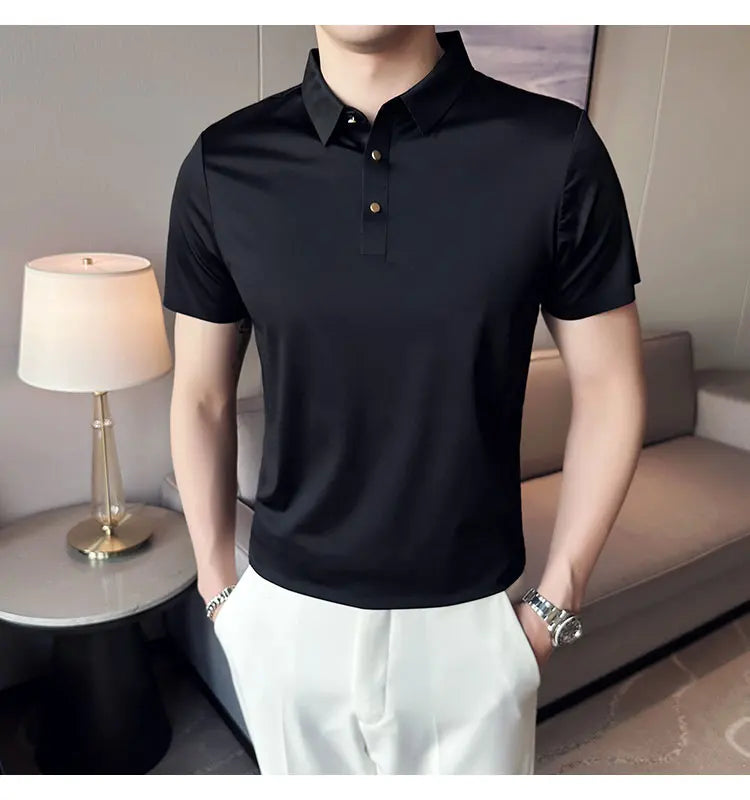 Ice Silk Traceless T-shirt Men's  Business Casual Solid Color Half Sleeve High Elasticity Top Silk Smooth Breathable POLO Shirt