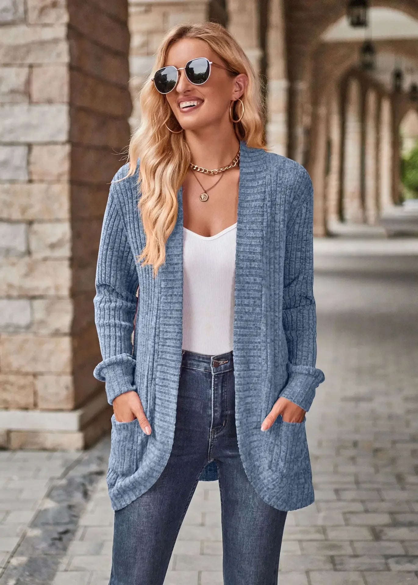 Women'S Spring And Autumn Solid Color Sweater Cardigan Fashion Pocket Cardigan Top Jacket Comfortable Soft Sweater Tienda Traf - reetell