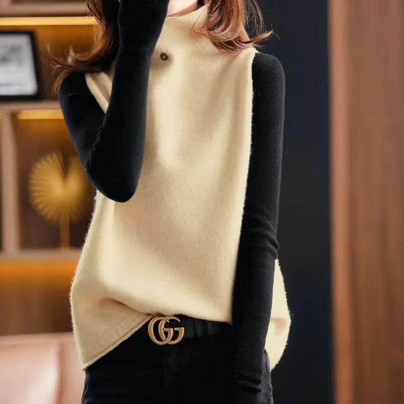 Fashion Women Vintage Turtleneck Sweater Vest Spring Autumn All-match Casual Streetwear Solid Loose Sleeveless Knitted Pullovers - reetell