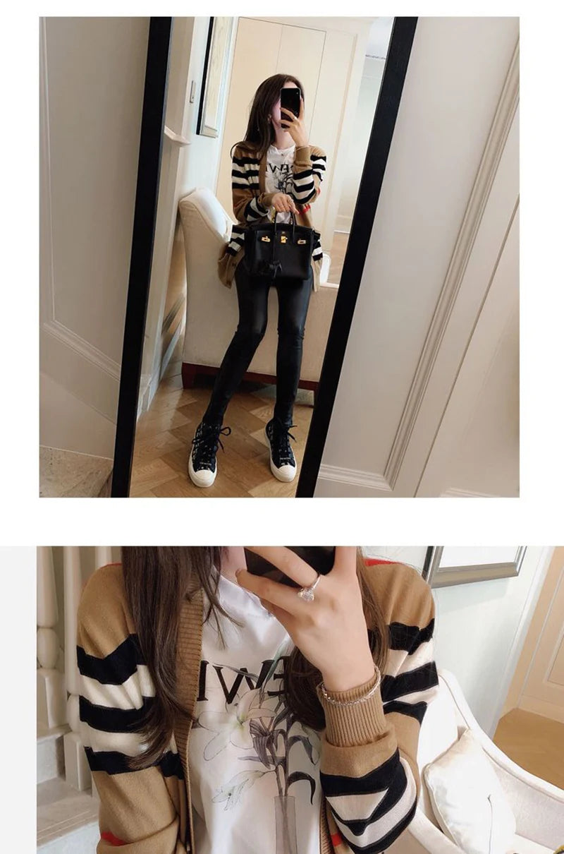 Women Striped Knitted Cardigan Fall Winter Loose Korean Sweater Casual Fashion Office Lady V Neck Single Breasted Design Top - reetell