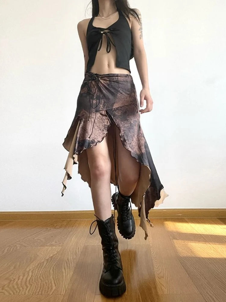 HOUZHOU Vintage Sexy Streetwear Vacation Skirts Women American Retro Harajuku Irregular Ruffled Design Bandage Skirt Summer 2024 - reetell