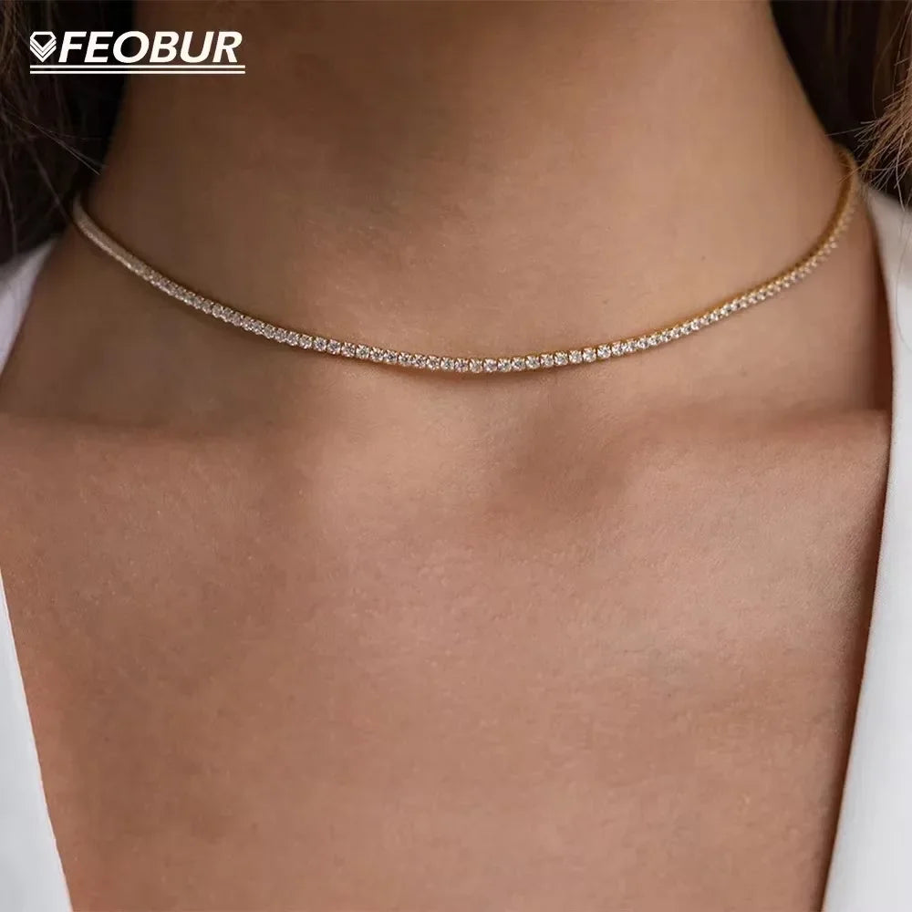 FEOBUR 2mm D Color Moissanite Tennis Choker Necklace for Women S925 Silver Plated 18K Gold Adjustable Full Diamond Neck Chain