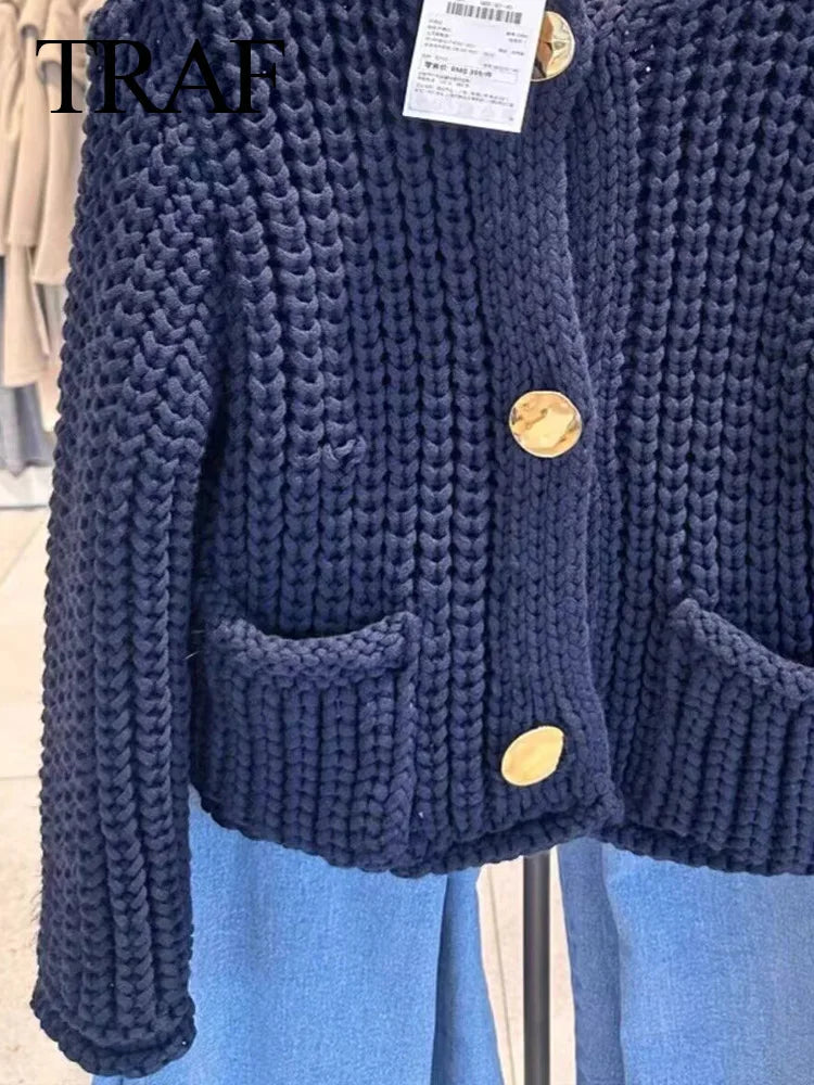 TRAF 2024 Spring Woman's Navy Blue Knitted Sweater Coats With Pockets Buttons Female Crop Tops Cardigan Vintage Casaul Style - reetell