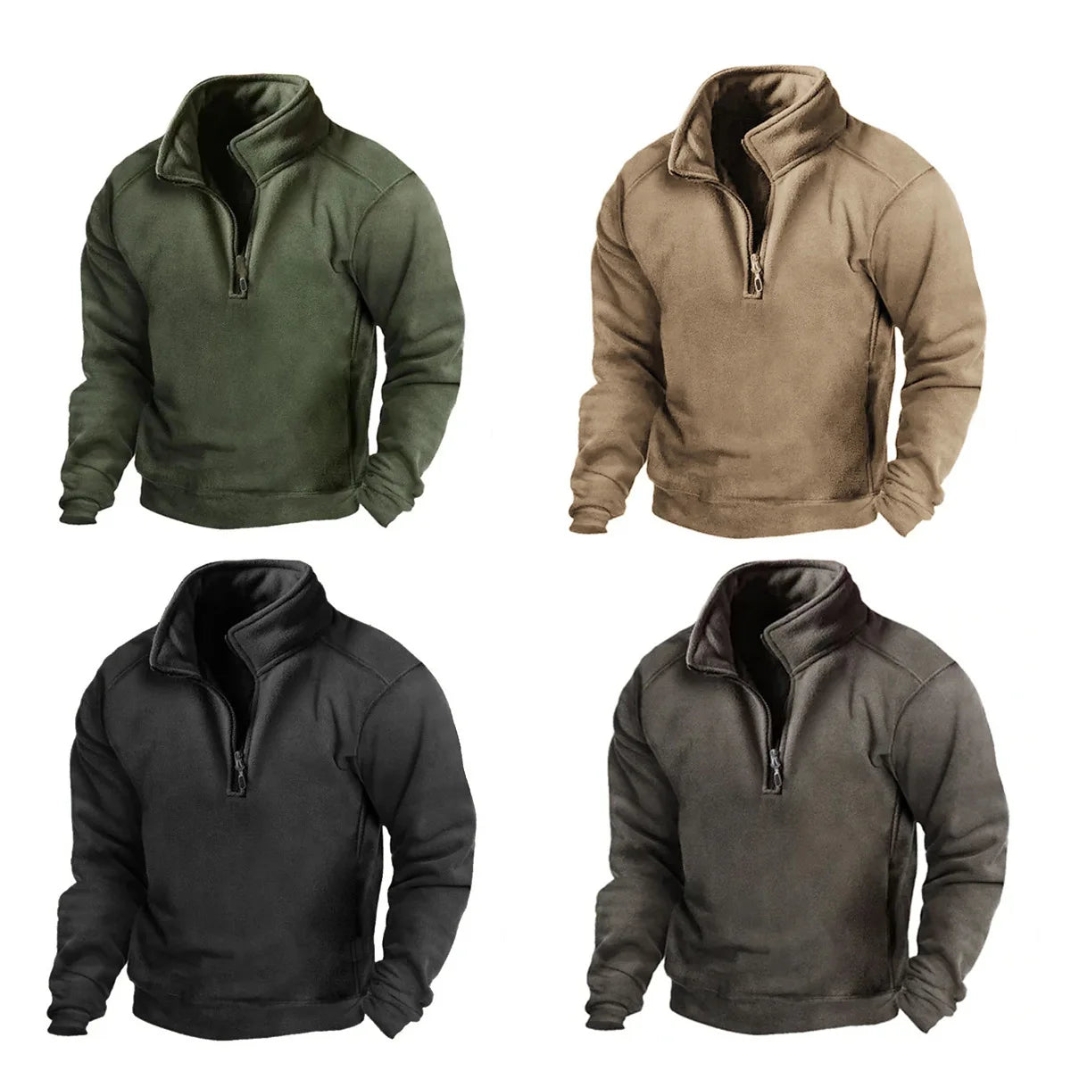 2024 Mens Half-Zip Sweatshirts Autumn Male Stand Collar Loose Solid Color Pullover New Man Trend Casual Army Green Hoodies - reetell