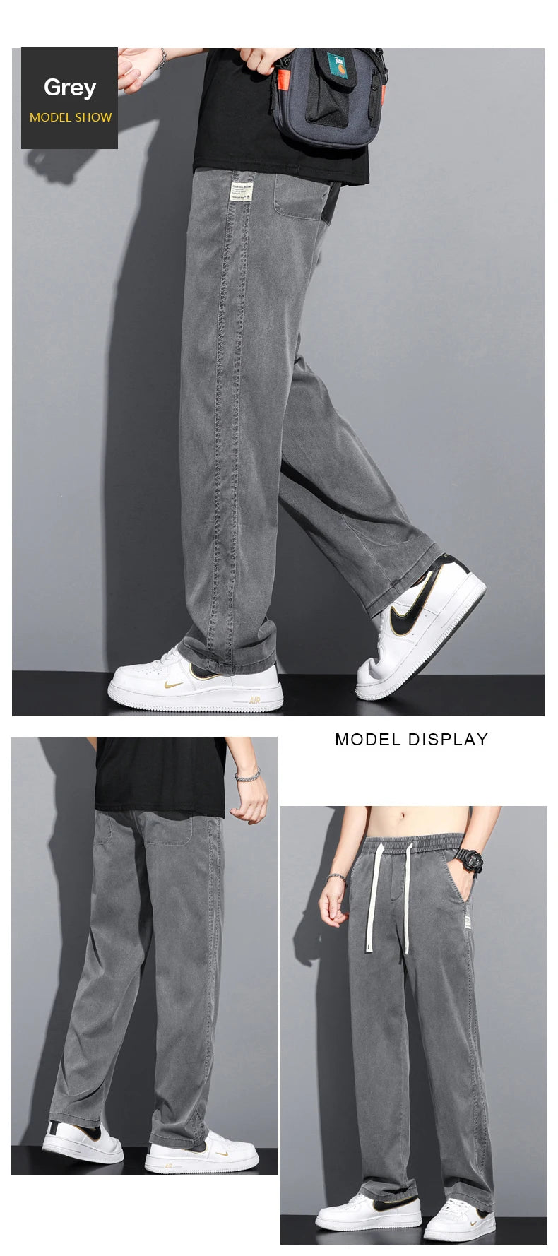 S-5XL 6Style,Men's Loose Jeans Summer Soft Lyocell Thin Fabric Straight Pants Drawstring Elastic Waist Korea Casual Trousers,Y2K - reetell