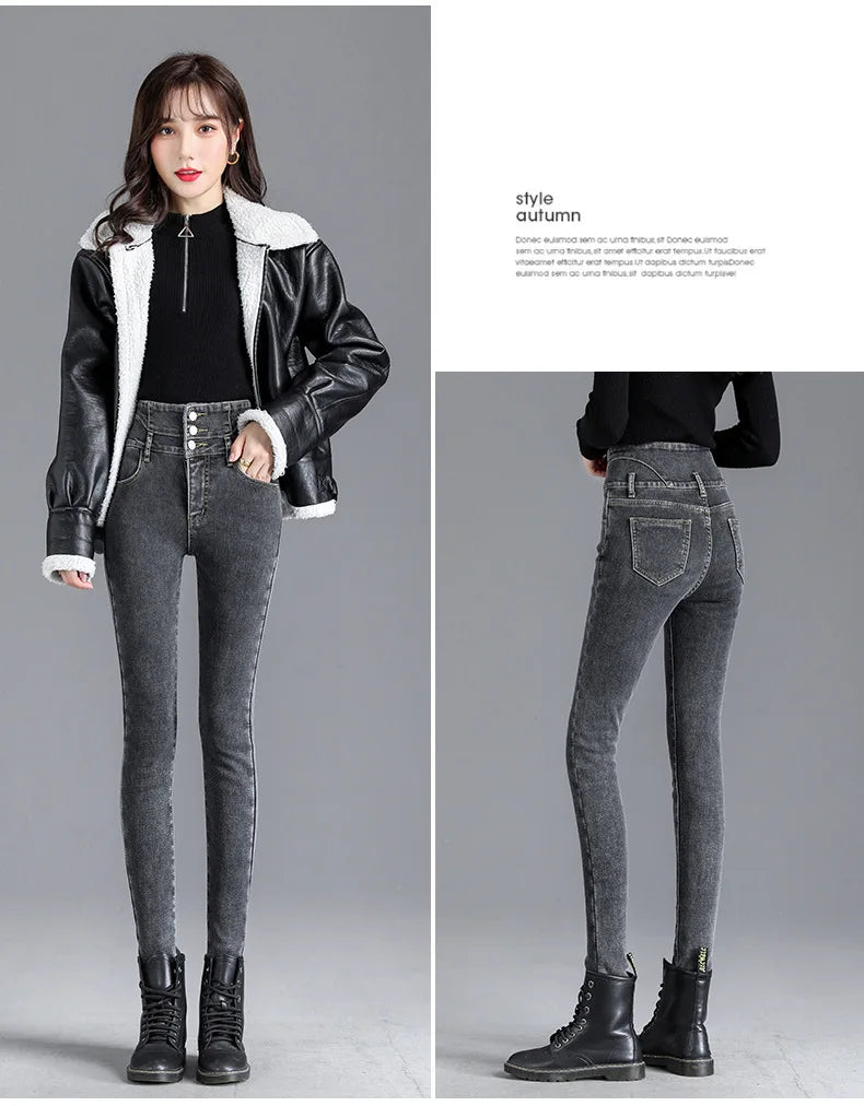 Thermal Winter Thick Fleece High-waist Warm Skinny Jeans Thick Women Stretch Button Pencil Pants Mom Casual Velvet Jeans - reetell